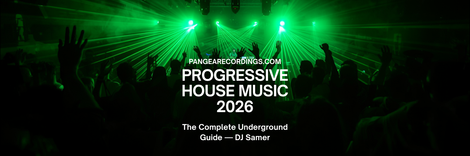 Progressive House Music 2026 — The Complete Underground Guide by DJ Samer over a green-lit underground club crowd