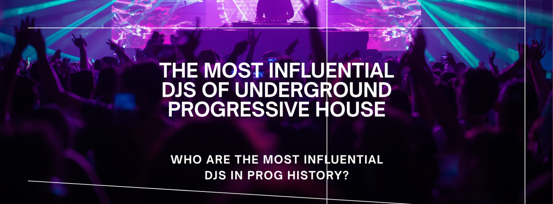 The Most Influential DJs of Underground Progressive House over a dark club crowd with stage lasers