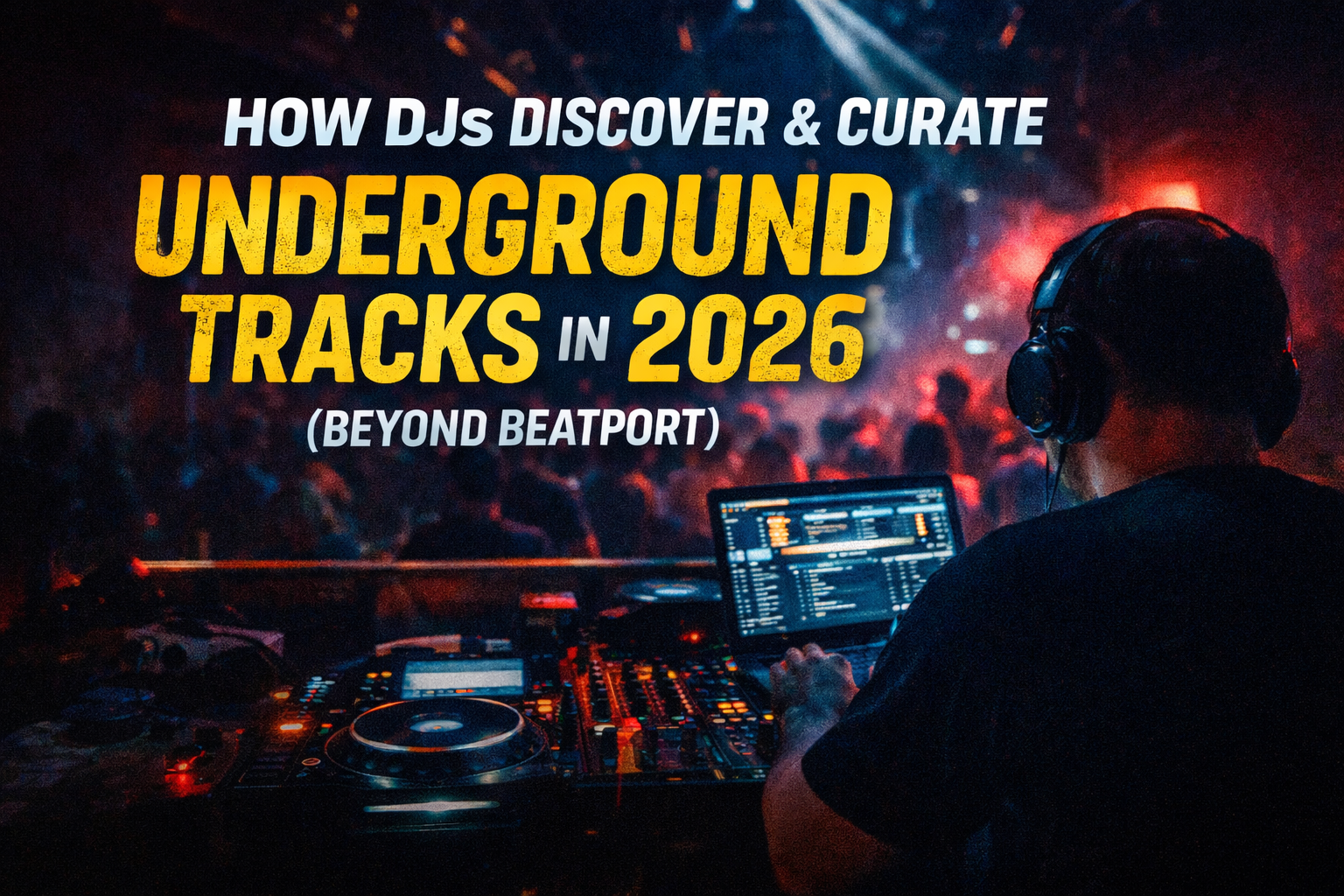 DJ curating underground progressive house tracks in 2026 beyond Beatport using laptop and mixer in a dark club