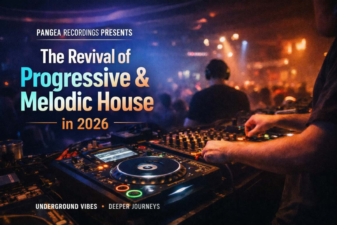 DJ performing a long-form progressive and melodic house set in an underground club, representing the revival of progressive house music in 2026