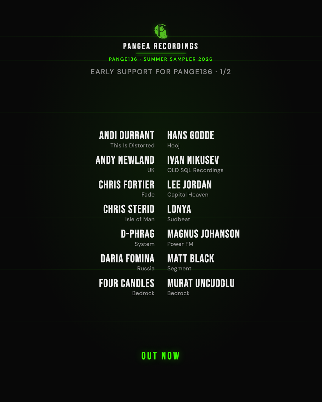 Artist lineup card for Summer Sampler 2026 on Pangea Recordings, part 1 — PANGE136 various artists progressive house compilation